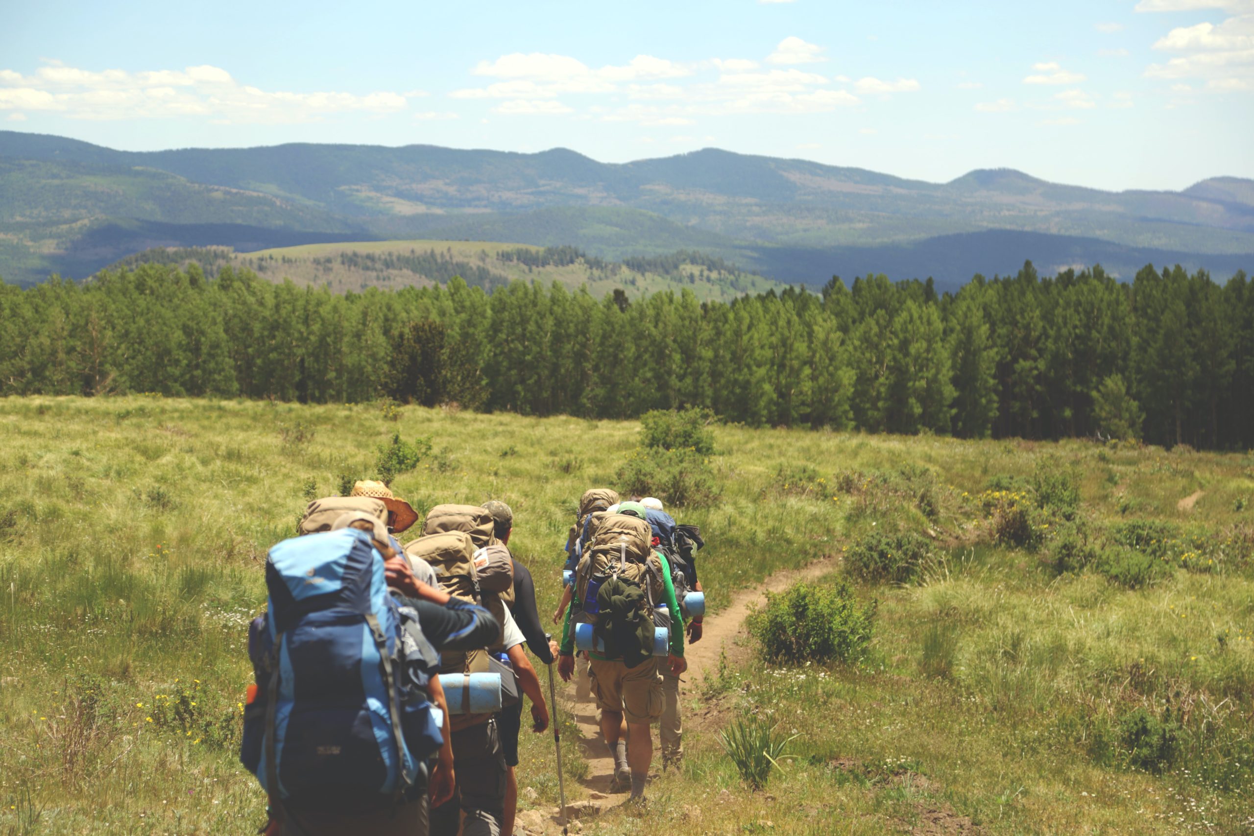 Grup d'excursionistes realitzant una travessa en una zona de mitja muntanya